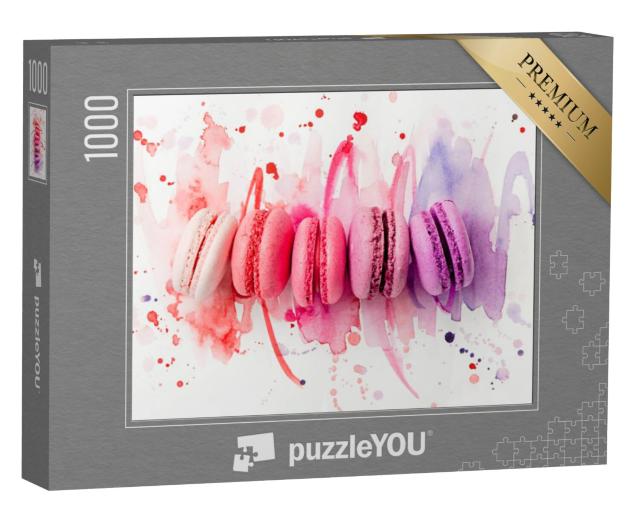 Puzzel 1000 stukjes „Kleurrijke macarons met een bijpassende aquarelachtergrond“