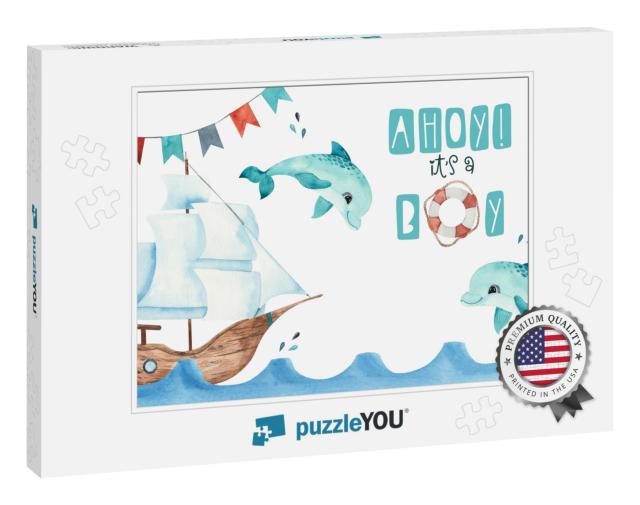 Watercolor Nautical Baby Shower Card with Sailboat... Jigsaw Puzzle