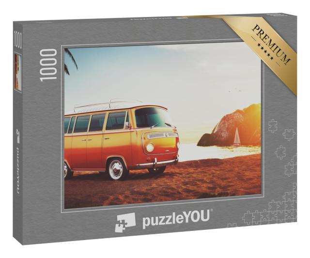 Puzzle 1000 Teile „Retro-Bus am Strand im Sonnenuntergang“
