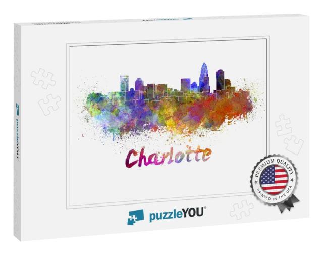 Charlotte Skyline in Watercolor Splatters with Clipping P... Jigsaw Puzzle