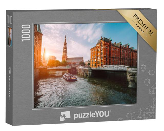 Puzzel 1000 stukjes „Hamburgs pakhuisdistrict Speicherstadt in de gouden zonsondergang“