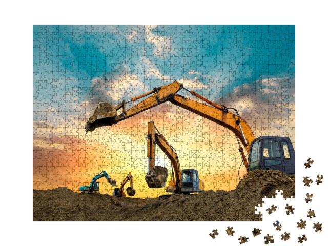 Puzzle 1000 Teile „Bagger arbeiten bei Sonnenuntergang auf der Baustelle“