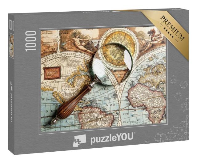 Puzzle 1000 Teile „Alte Landkarte und Vergrößerungsglas“