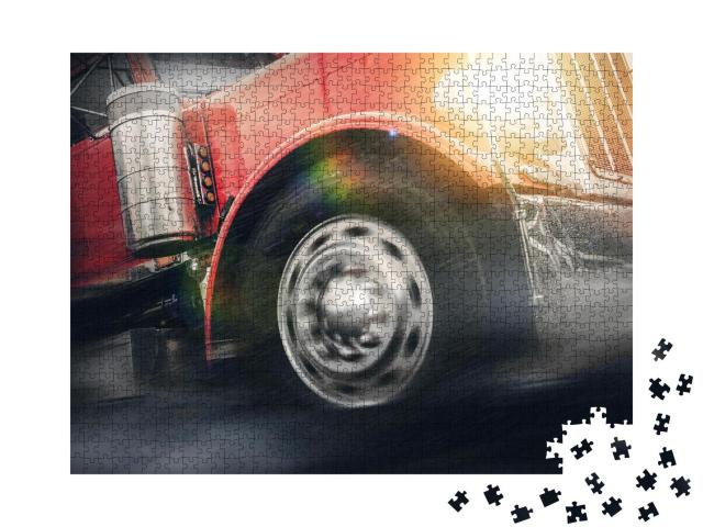 Puzzle 1000 Teile „Roter amerikanischer Truck im Regen, Front des Fahrzeugs in Nahaufnahme“