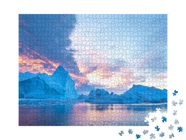 Puzzle 1000 Teile „Eisberg unter einem farbenfrohen Himmel bei Sonnenuntergang, Diskobucht, Grönland“
