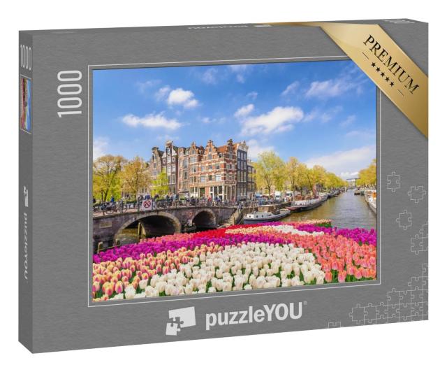 Puzzle 1000 Teile „Amsterdam: Kanalufer mit Tulpenblüte im Frühling“