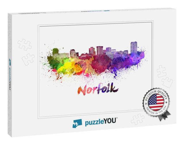 Norfolk Skyline in Watercolor Splatters with Clipping Pat... Jigsaw Puzzle