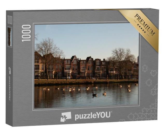 Puzzel 1000 stukjes „Oude typische huizen voor eenden en ganzen die zwemmen in het Sonsbeekpark in Arnhem“