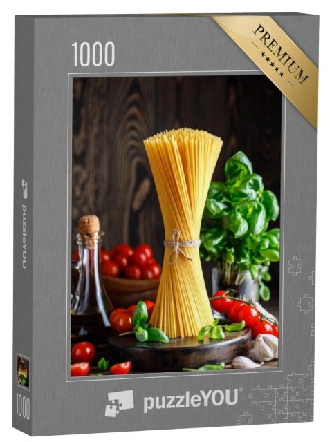 Puzzel 1000 stukjes „Spaghetti, basilicum en tomaten op de achtergrond“