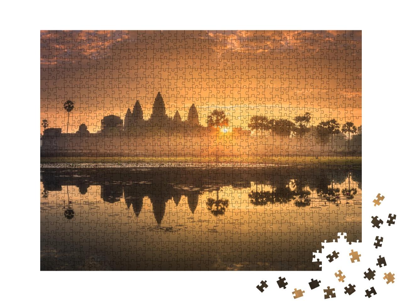 Puzzle 1000 Teile „Tempelkomplex Angkor Wat vor einem See, Kambodscha“