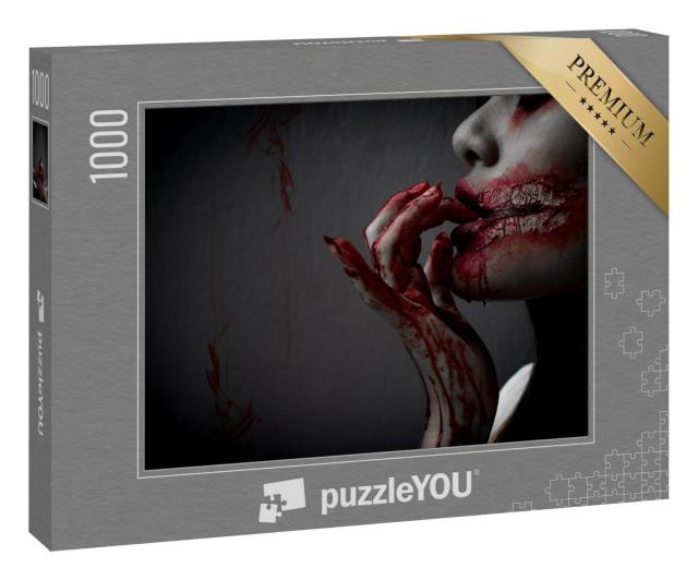 Puzzle 1000 Teile „Zombie-Frau mit Blut an der Hand und am Mund, dunkler Hintergrund“