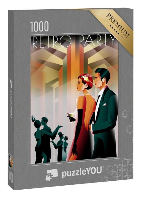 Puzzle 1000 Teile „Paar auf einer Party im Stil des frühen 20. Jahrhunderts, Retro-Party-Einladungskarte“