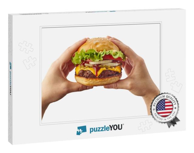 Hands Holding Hamburger on White... Jigsaw Puzzle