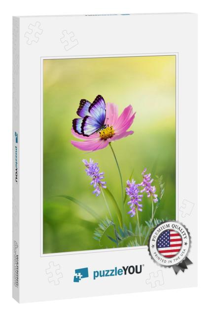 Beautiful Pink Flower Cosmos Bipinnatus & Butterfly on Na... Jigsaw Puzzle