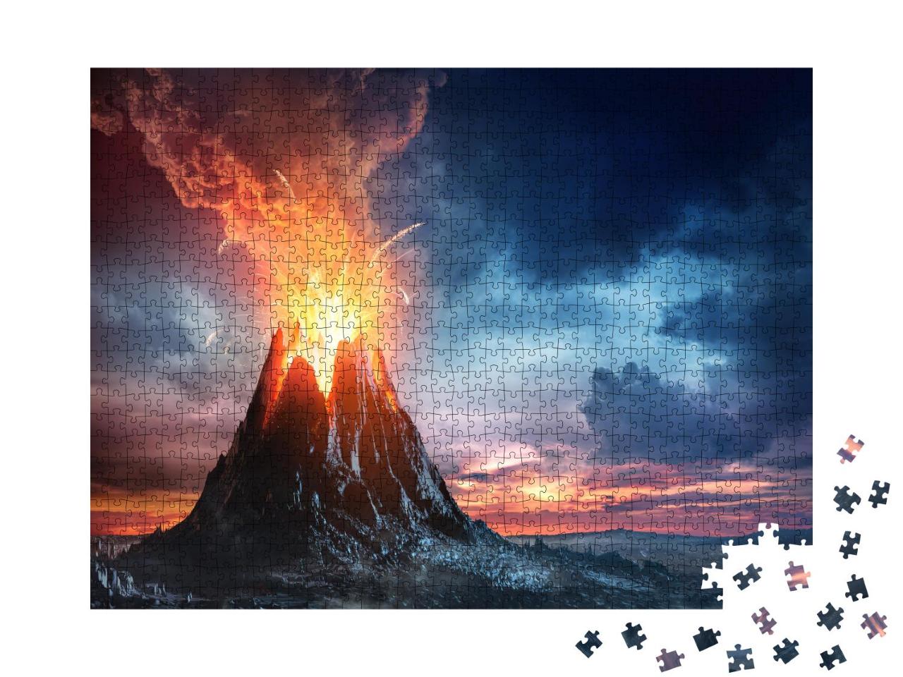 Puzzle 1000 Teile „Vulkanischer Berg in Eruption, Vulkanausbruch, 3D-Illustration“