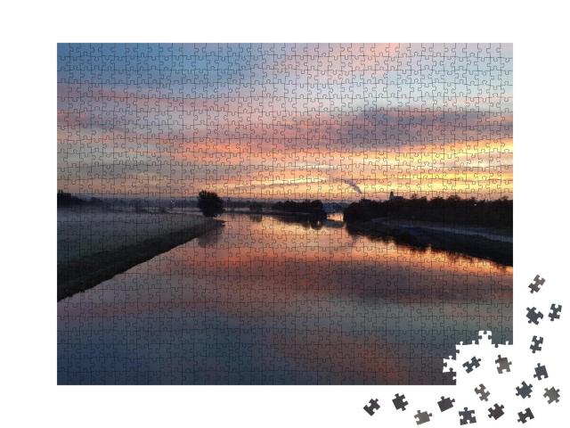 Puzzle 1000 Teile „Sonnenaufgang in Dresden, Blick über die Elbe in der Morgensonne“
