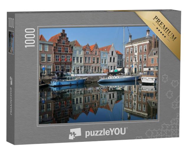 Puzzel 1000 stukjes „Middeleeuwse huizen en zeilboten in de haven van Goes, Zeeland“