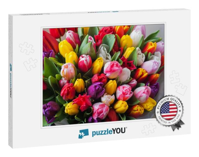 Mix of Spring Tulips Flowers Near Grey Wall... Jigsaw Puzzle