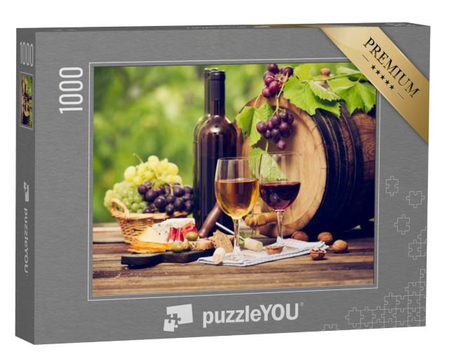 Puzzel 1000 stukjes „Wijn en kaas op een houten tafel“