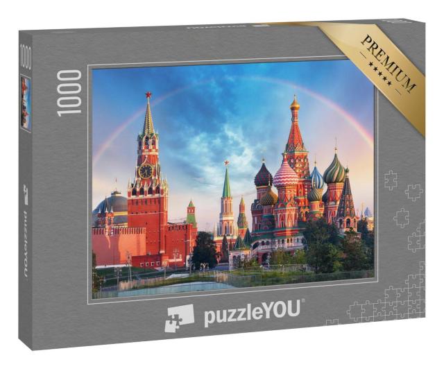 Puzzle 1000 Teile „Panoramablick auf den Roten Platz mit Moskauer Kreml und Regenbogen“