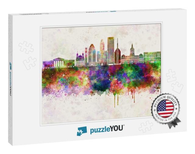 Baltimore V2 Skyline in Watercolor Background... Jigsaw Puzzle
