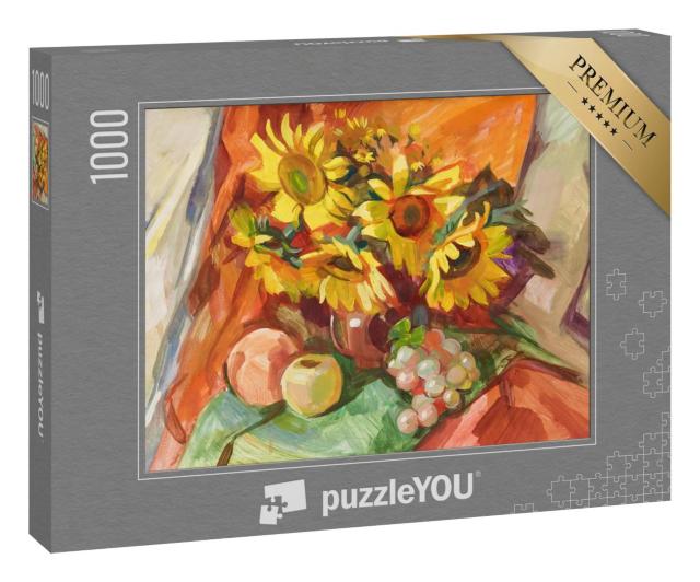 Puzzle 1000 Teile „Stillleben im ukrainischen Stil mit Früchten und Sonnenblumen, Gouache-Malerei“