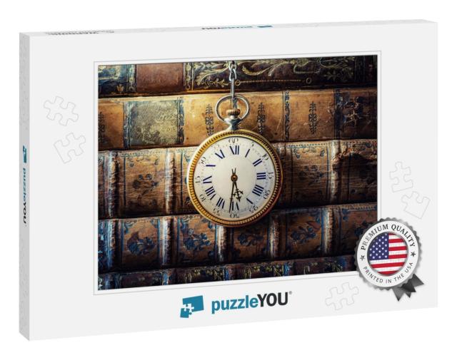 Vintage Clock Hanging on a Chain on the Background of Old... Jigsaw Puzzle