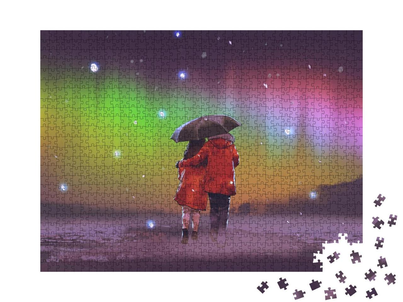 Puzzle 1000 Teile „Digitale Kunst: Paar unter einem Regenschirm beim Spaziergang unter Nordlichtern“