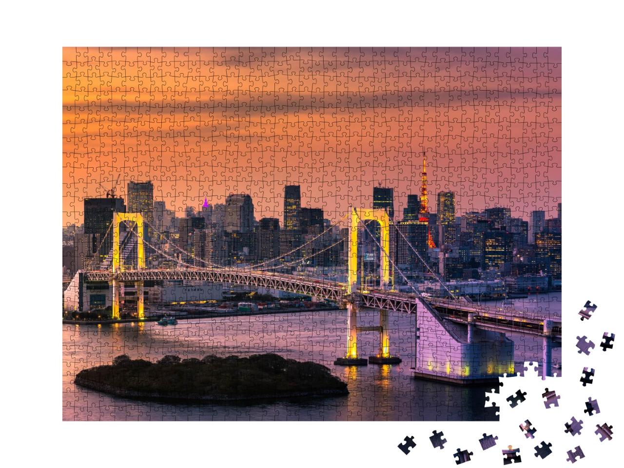 Puzzle 1000 Teile „Bucht von Tokio mit Regenbogenbrücke und Tokyo Tower“
