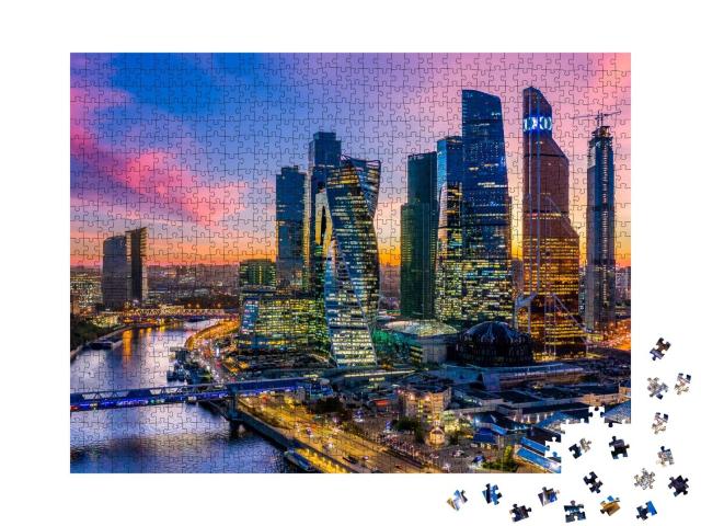 Puzzle 1000 Teile „Luftbild von Moskau City mit Wolkenkratzern und Skyline, Russland“