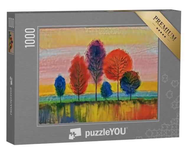 Puzzel 1000 stukjes „in de kunststijl van Franz Marc - olieverfschilderij landschap met kleurrijke bomen“