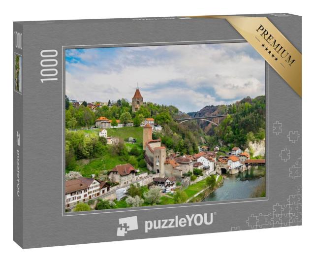 Puzzle 1000 Teile „Altstadt von Freiburg in der Schweiz Luftaufnahme mit Pont de Berne“