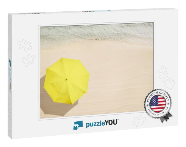 Yellow Umbrella on Tropical Sand Beach. Top & Aerial View... Jigsaw Puzzle