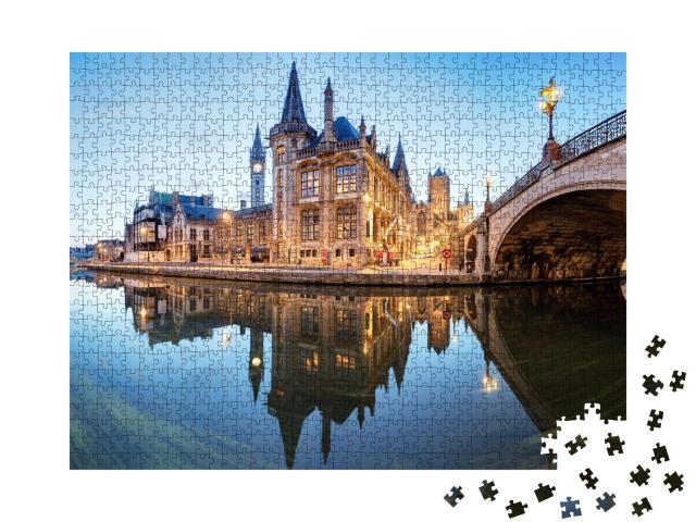 Puzzle 1000 Teile „Wunderschöne Altstadt von Gent bei Nacht, Belgien“