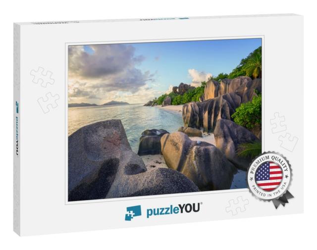 Sunset At Beautiful Tropical Beach Anse Georgette on Pras... Jigsaw Puzzle
