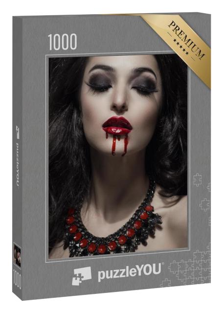 Puzzle 1000 Teile „Porträt einer wunderschönen Gothic-Vampirin, Make-up, rote Lippen, Blut“