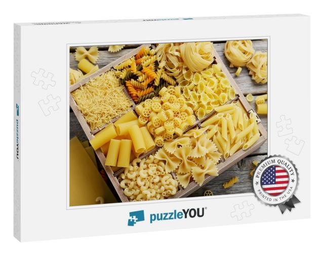 Different Kinds of Pasta on Grey Wooden Table... Jigsaw Puzzle