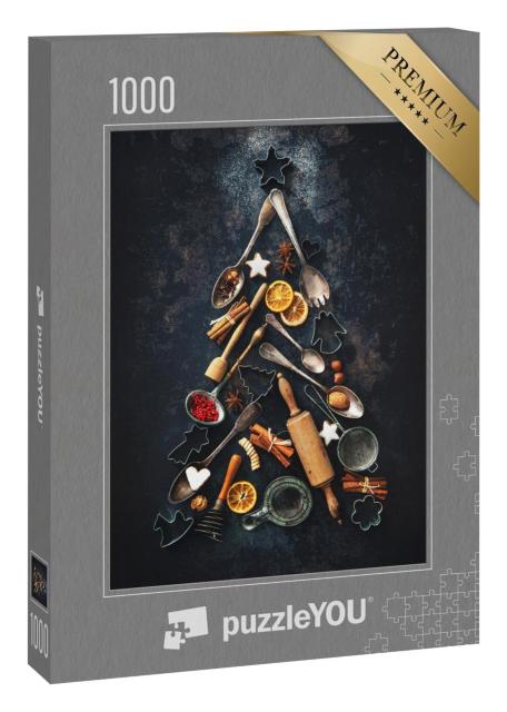 Puzzle 1000 Teile „Weihnachtsbäckerei: Küchenutensilien als Tannenbaum“