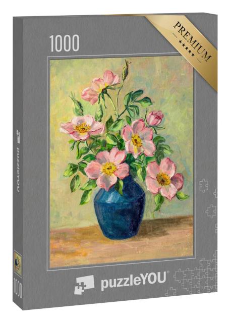 Puzzle 1000 Teile „Vintage-Ölgemälde von hübschen Blumen in einer blauen Vase“