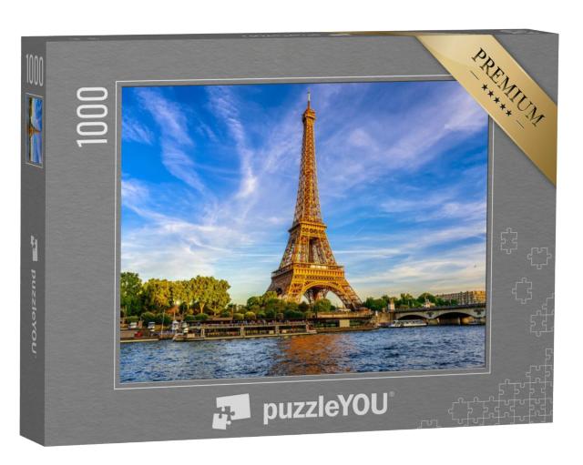 Puzzel 1000 stukjes „De Eiffeltoren en de rivier de Seine bij zonsondergang in Parijs, Frankrijk“