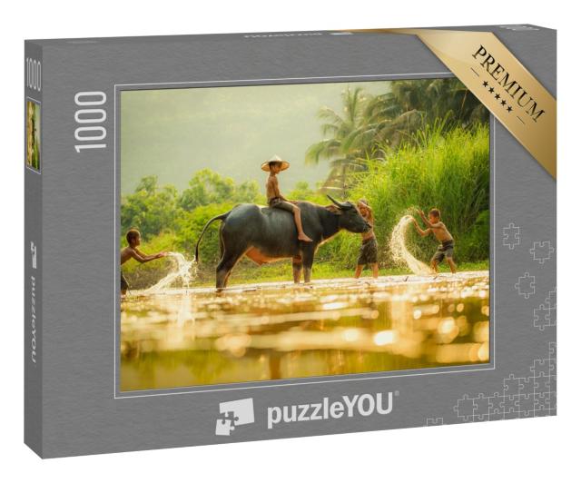 Puzzle 1000 Teile „Wasserspiele - Jungen und Wasserbüffel in Asien“