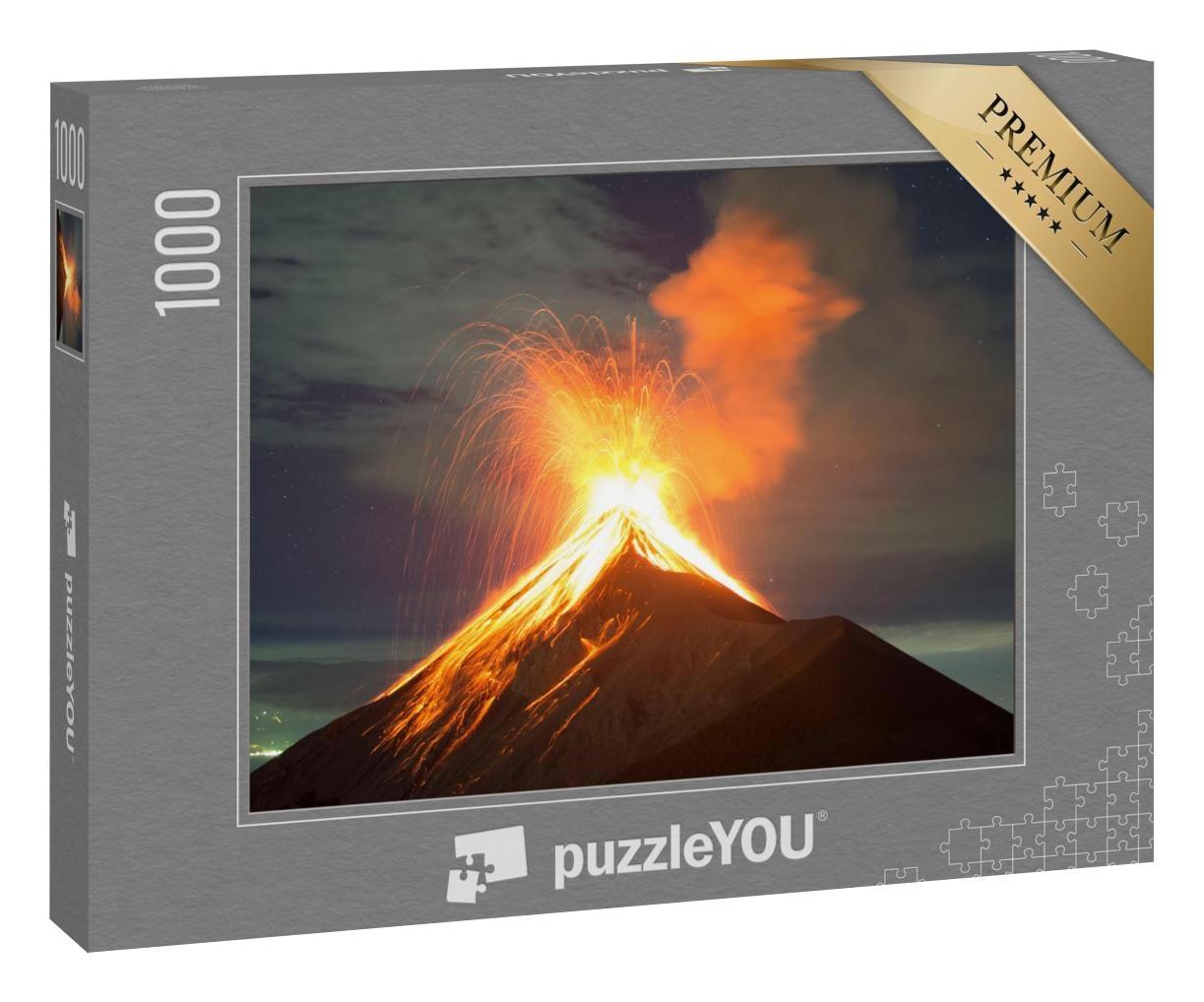 Puzzle 1000 Teile „Vulkanausbruch bei Nacht, Vulkan Fuego in Antigua, Guatemala“
