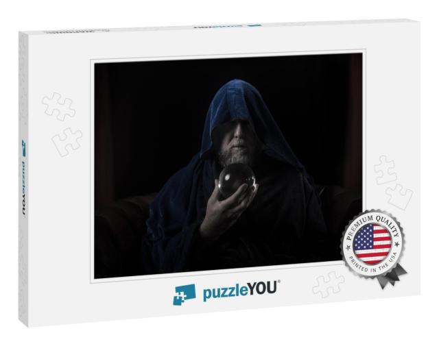 Wizard with Beard & Blue Robe Holding Crystal Ba... Jigsaw Puzzle