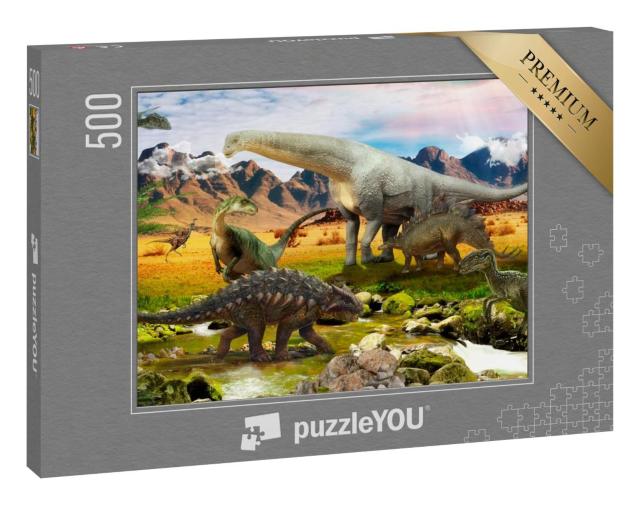 Puzzle 500 Teile „Illustration: Dinosaurier, Park am See“
