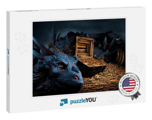 Fantasy Scene with Blue Dragon, Treasure Chest & Pile of... Jigsaw Puzzle