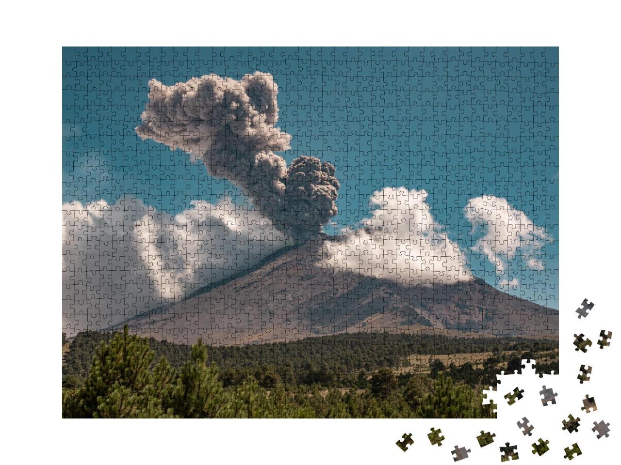 Puzzle 1000 Teile „Panoramablick auf den Vulkan Popocatepetl während einer Explosion“