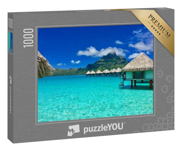 Puzzle 1000 Teile „Überwasser-Bungalows eines Luxus-Resorts, Bora Bora, Tahiti, Französisch-Polynesien“