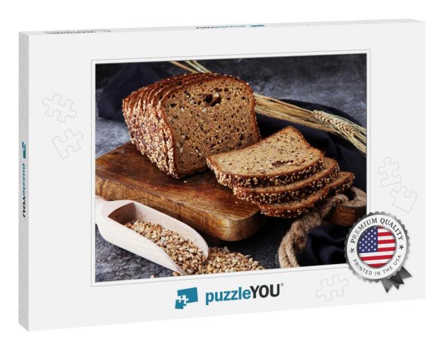 Sliced Rye Bread on Cutting Board. Whole Grain Rye Bread... Jigsaw Puzzle