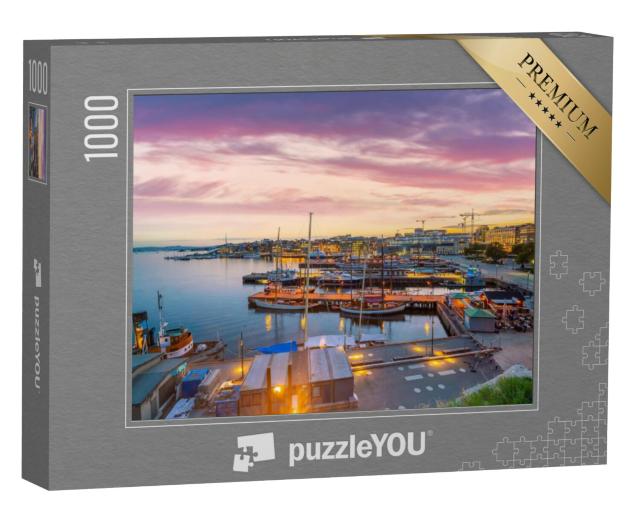 Puzzel 1000 stukjes „De skyline van Oslo met het stadscentrum bij zonsondergang, Noorwegen“