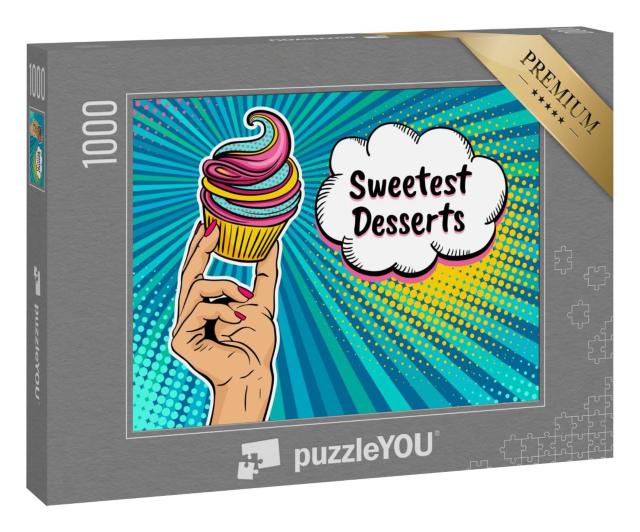 Puzzle 1000 Teile „Pop-Art-Hintergrund mit weiblicher Hand und Cupcake “